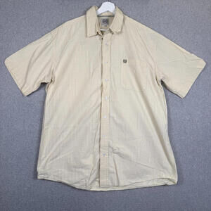 Cinch Men's Size Large Pale Yellow Blue Striped Short Sleeve Button Down Shirt